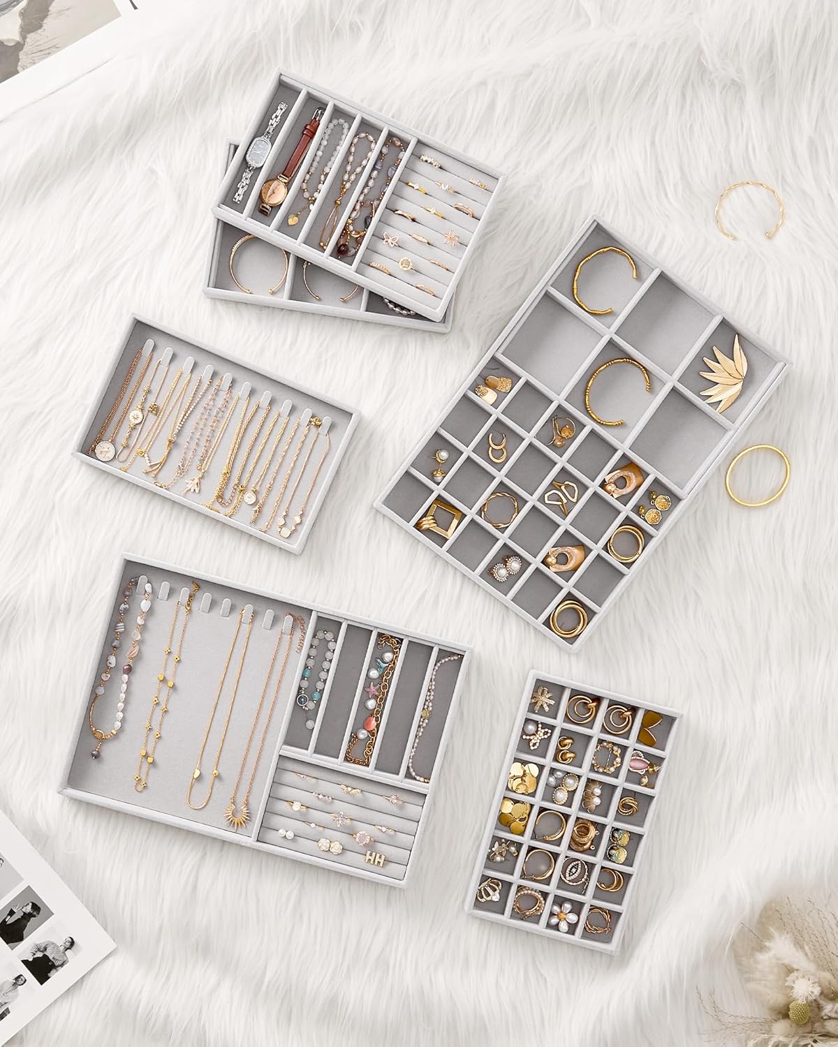 Stackable Velvet Tray Jewelry Storage Organizers Set Display Cases / Grey / A5 Size, 4 Packs