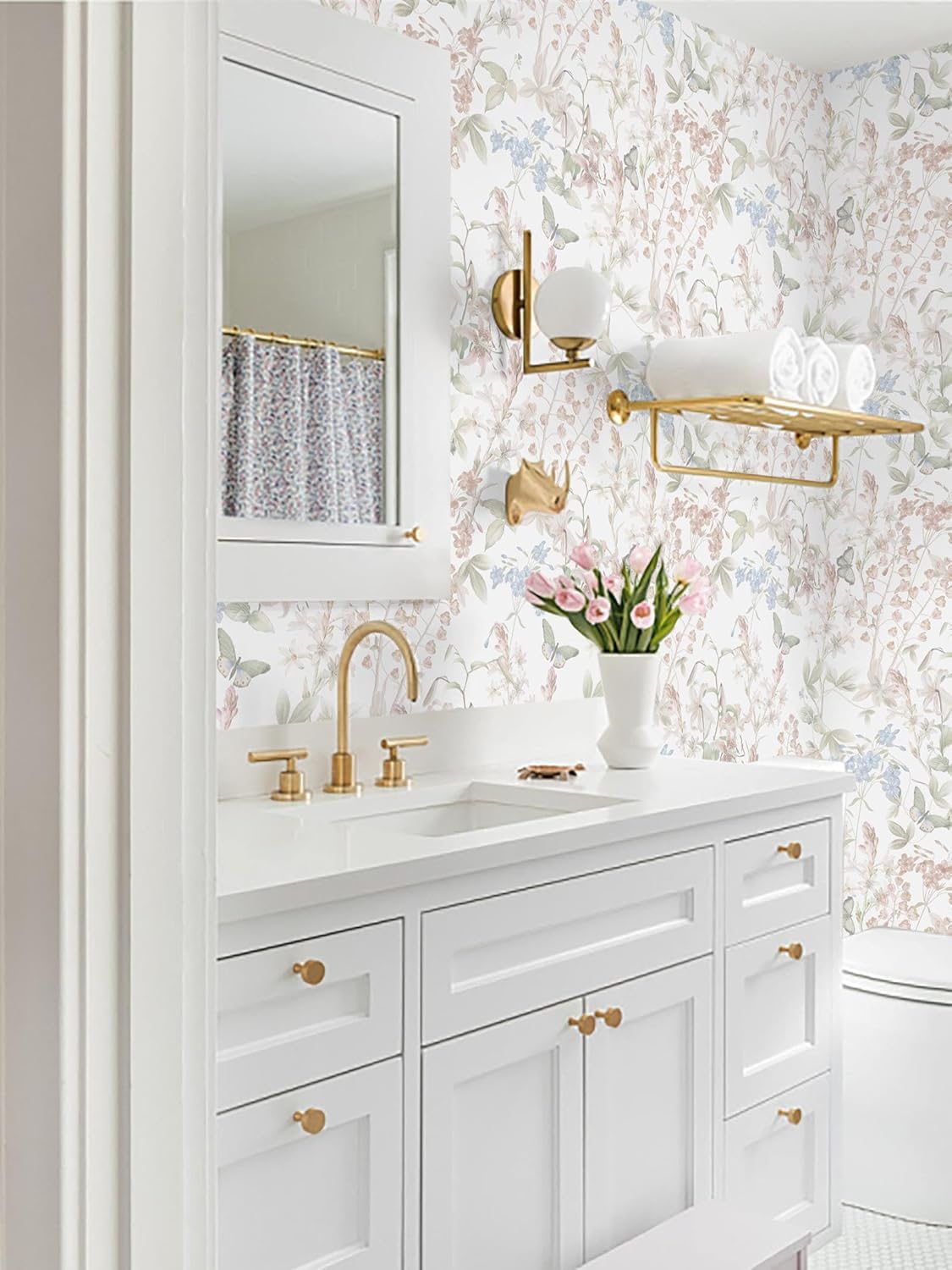 Floral Wallpaper Pink Peel and Stick Wallpaper White Boho Contact Paper / Flutter Pink / 17.3 x 197
