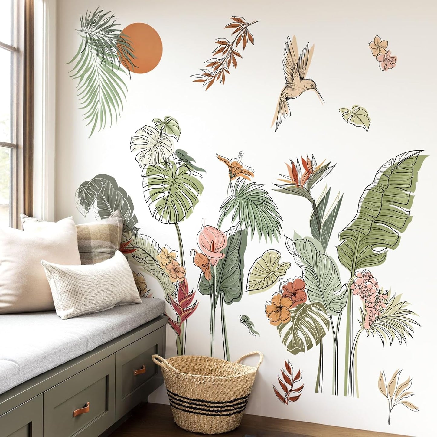 Boho Tropical Leaves Flower Wall Decals Bohemian Floral Plants Sun Wall Stickers Bedroom Living / B