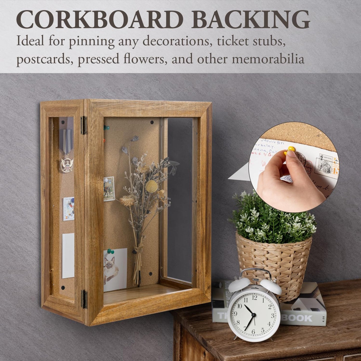 MyGift 11 x 15 Inch Wall Mounted Acacia Solid Wood Deep Shadow Box | Cork Back, Premium Clear Acrylic Viewing Panels