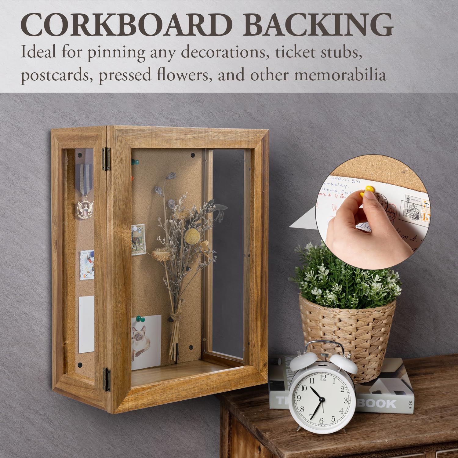 MyGift 11 x 15 Inch Wall Mounted Acacia Solid Wood Deep Shadow Box | Cork Back, Premium Clear Acrylic Viewing Panels