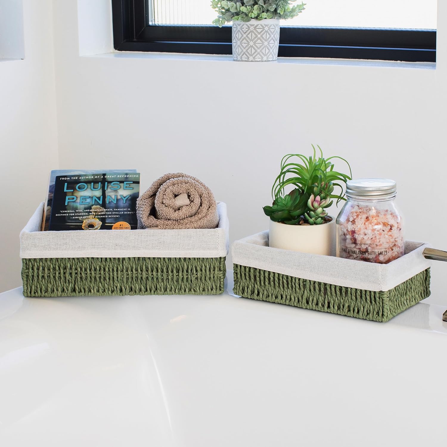Decorative Wicker Bathroom Organizer for Toilet Tank Trays / Sage / Set of 2