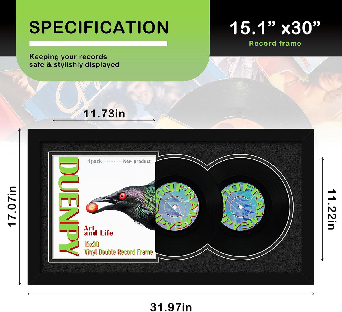 DUENPY 15.1x30 Vinyl Frame For 12.5x12.5 Cover Double Black Mat | Displays 12.5x12.5 Album Cover Art, Supports Wall