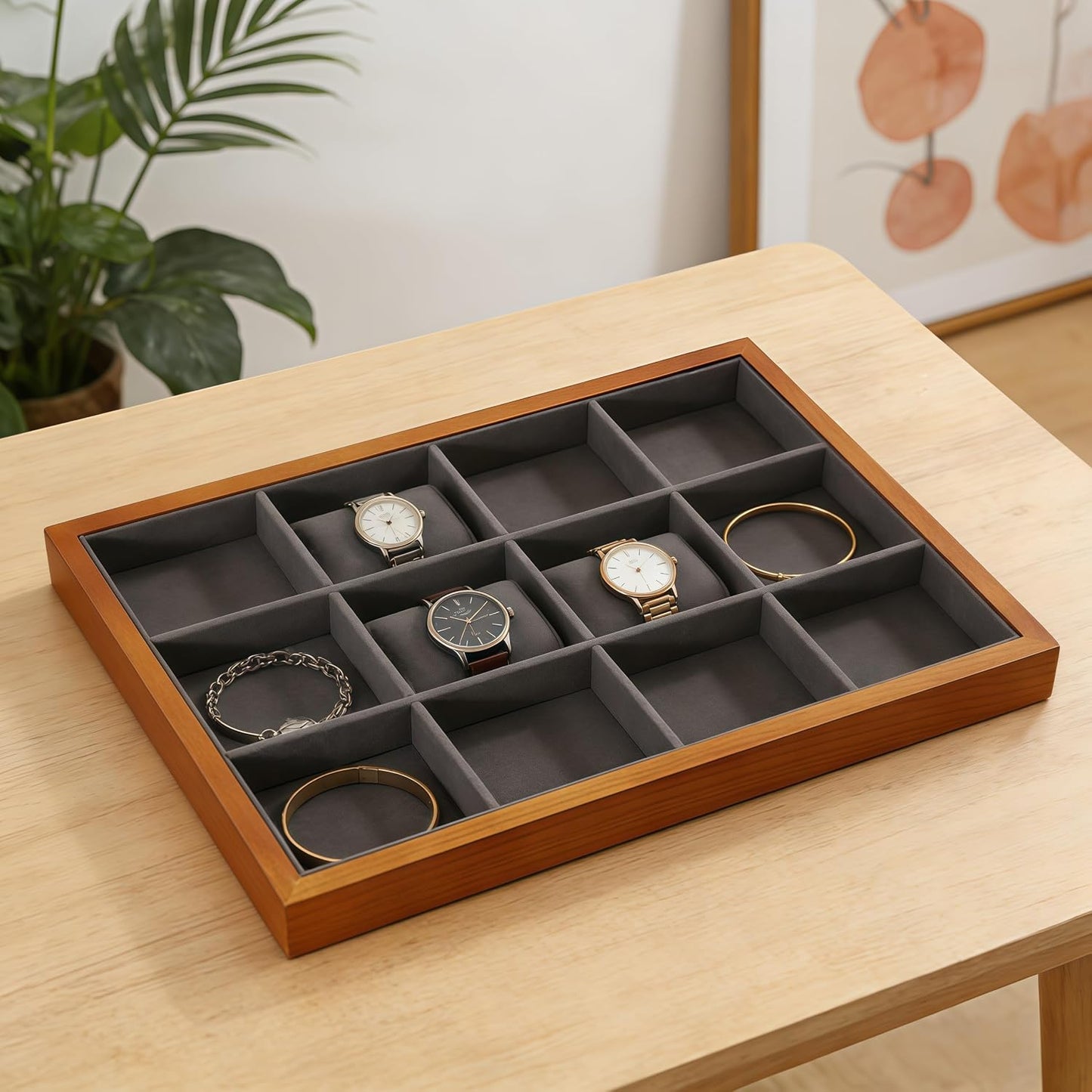 Wood Flat Jewelry Tray 12 Grid Display Wood / Gray / Bracelet Tray-w 9.45" x H 1.18"x L 13.78
