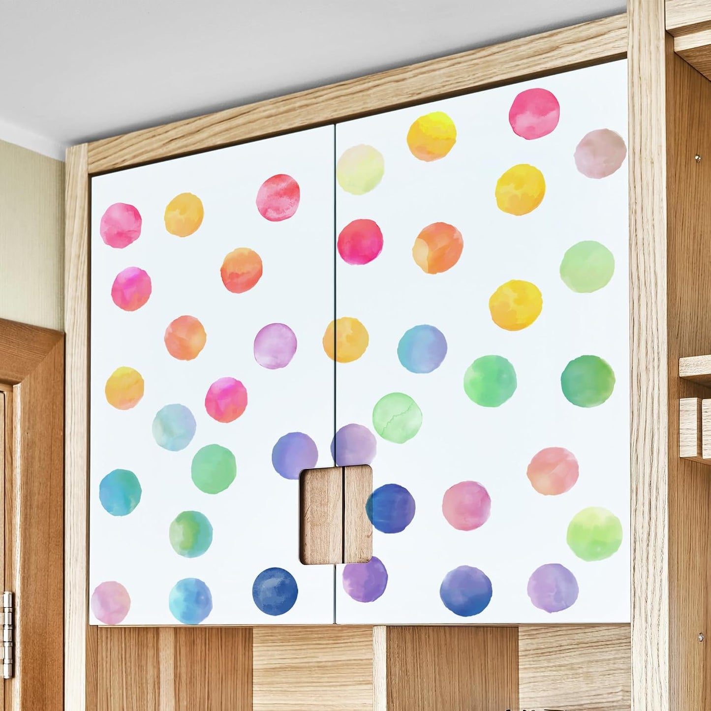 Rainbow Colored Removable Round Stickers / Boho Watercolor Polka Dot Wall Decals