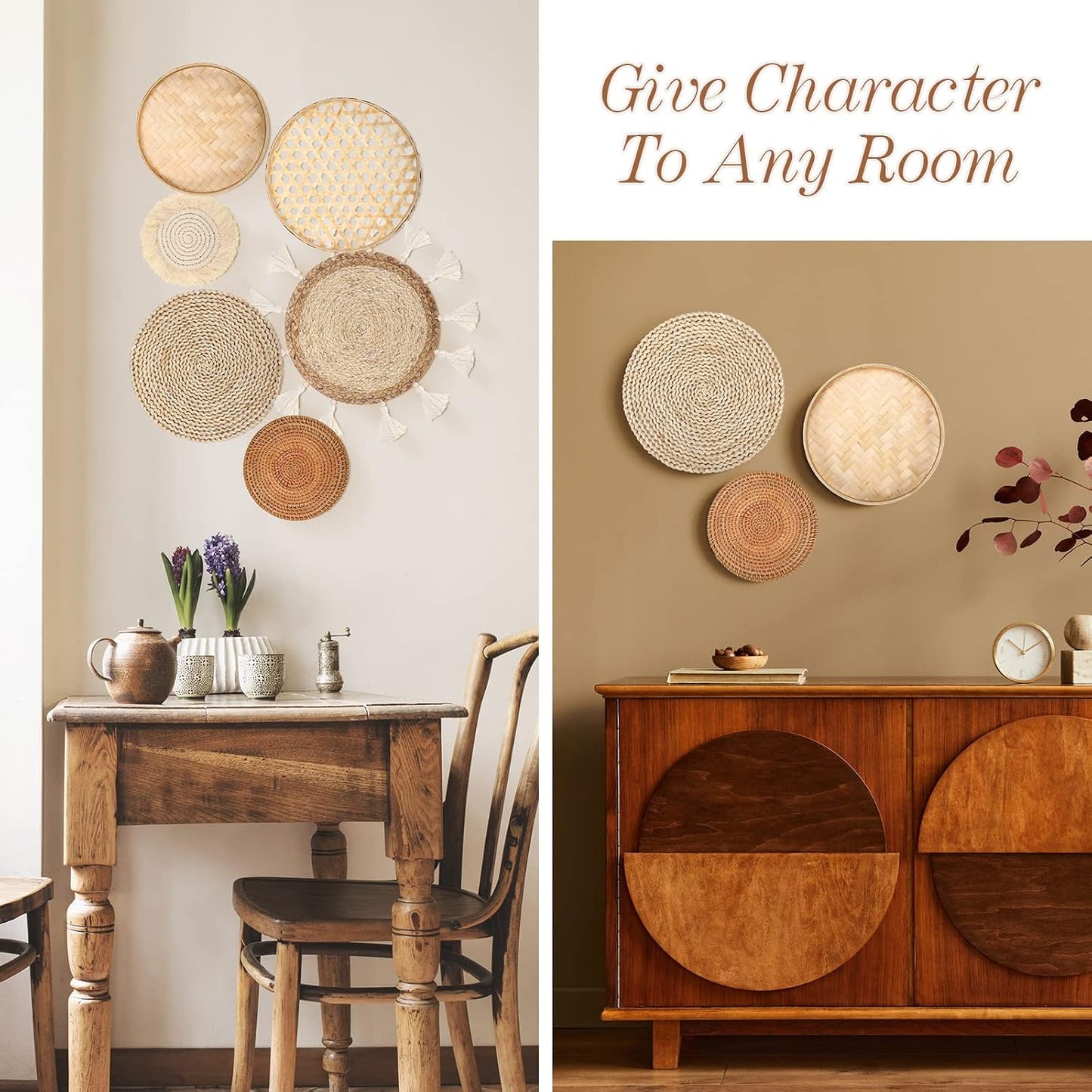 Wall Basket Decor Boho Wall Hanging Decor Rattan Wall Decor Flat Round Wicker Woven / Set of 9
