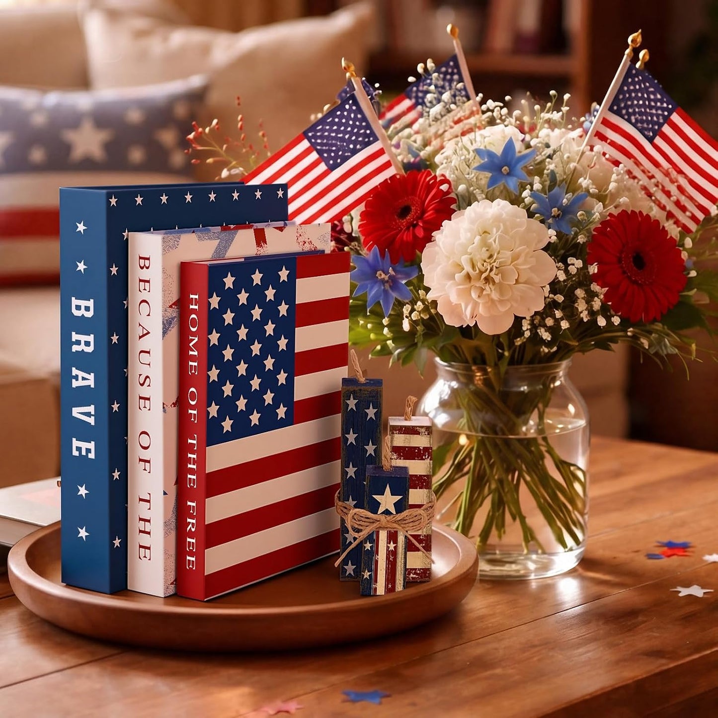 Fake Decorative Books Wooden Firecracker Table Signs Faux Patriotic Decor / 4th of July / Paper