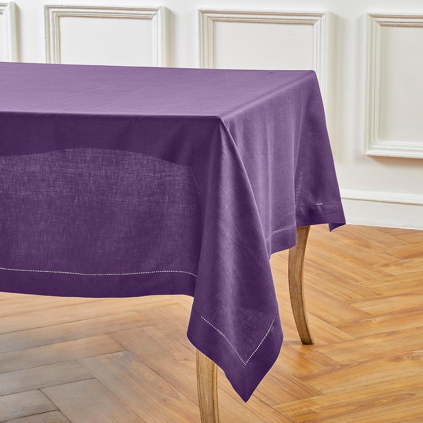 Solino Home 100% Linen Tablecloth Purple, Classic Hemstitch 60 x 108 in | Linen Table Cloth for 6-8 seater dining