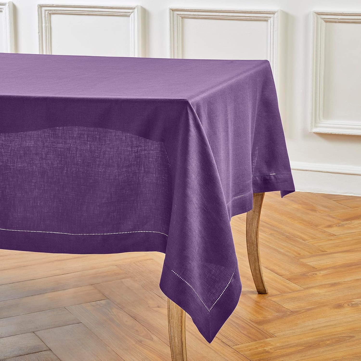 Solino Home 100% Linen Tablecloth Purple, Classic Hemstitch 60 x 108 in | Linen Table Cloth for 6-8 seater dining