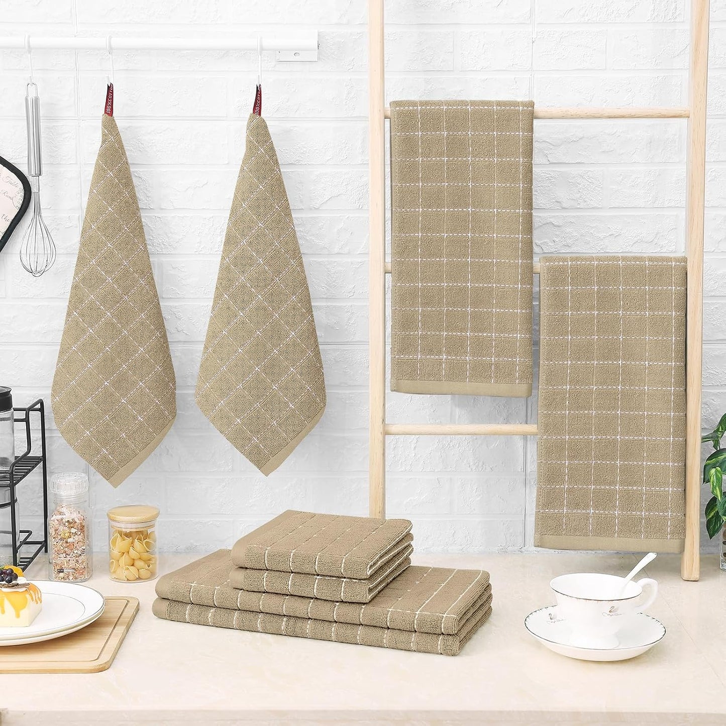Homaxy Kitchen Towels and Dishcloths Set, Set of 12, Tan | Bulk Cotton Terry Kitchen Towels, Checkered Designed, Soft