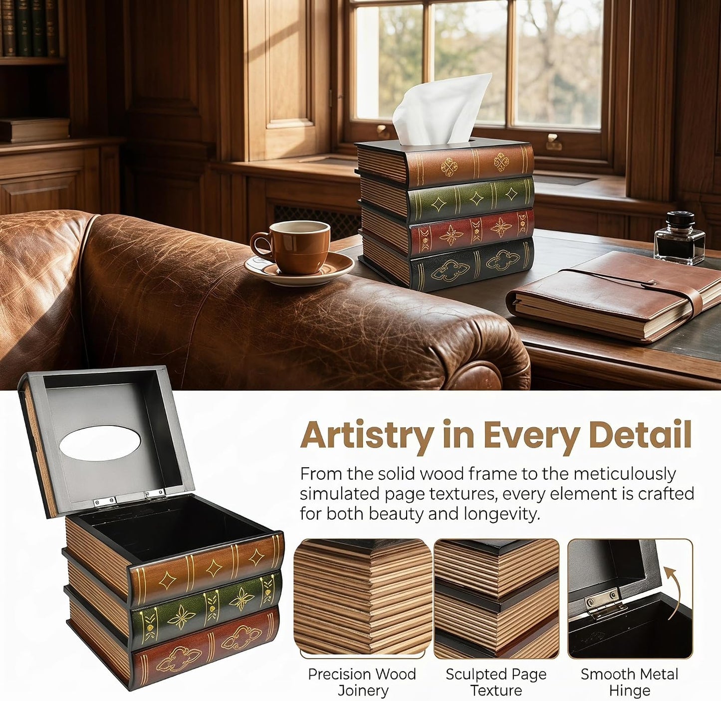 Hand-Made Retro Wooden Antique Book Tissue Box Cover Square Tissue Holder Dispenser Paper / Coffce