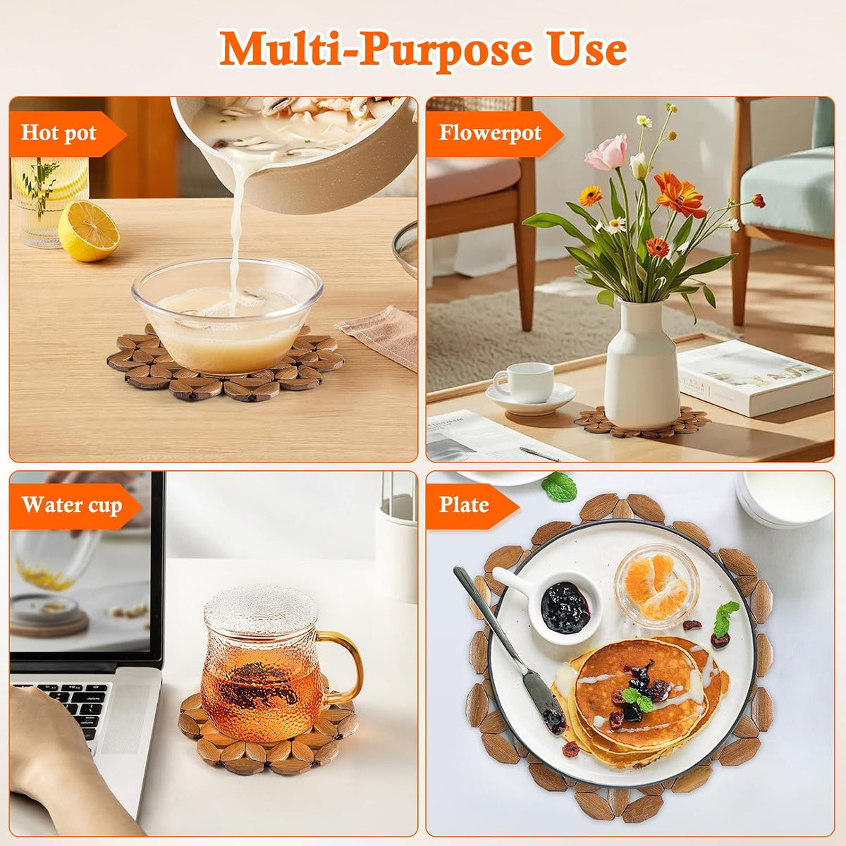 9 Pack Bamboo Trivet Mat for Hot Dishes, 6.5/8.3/10 Inch Heat Resistant Hot Pads Trivets, Hot Pad to Protect Your Table