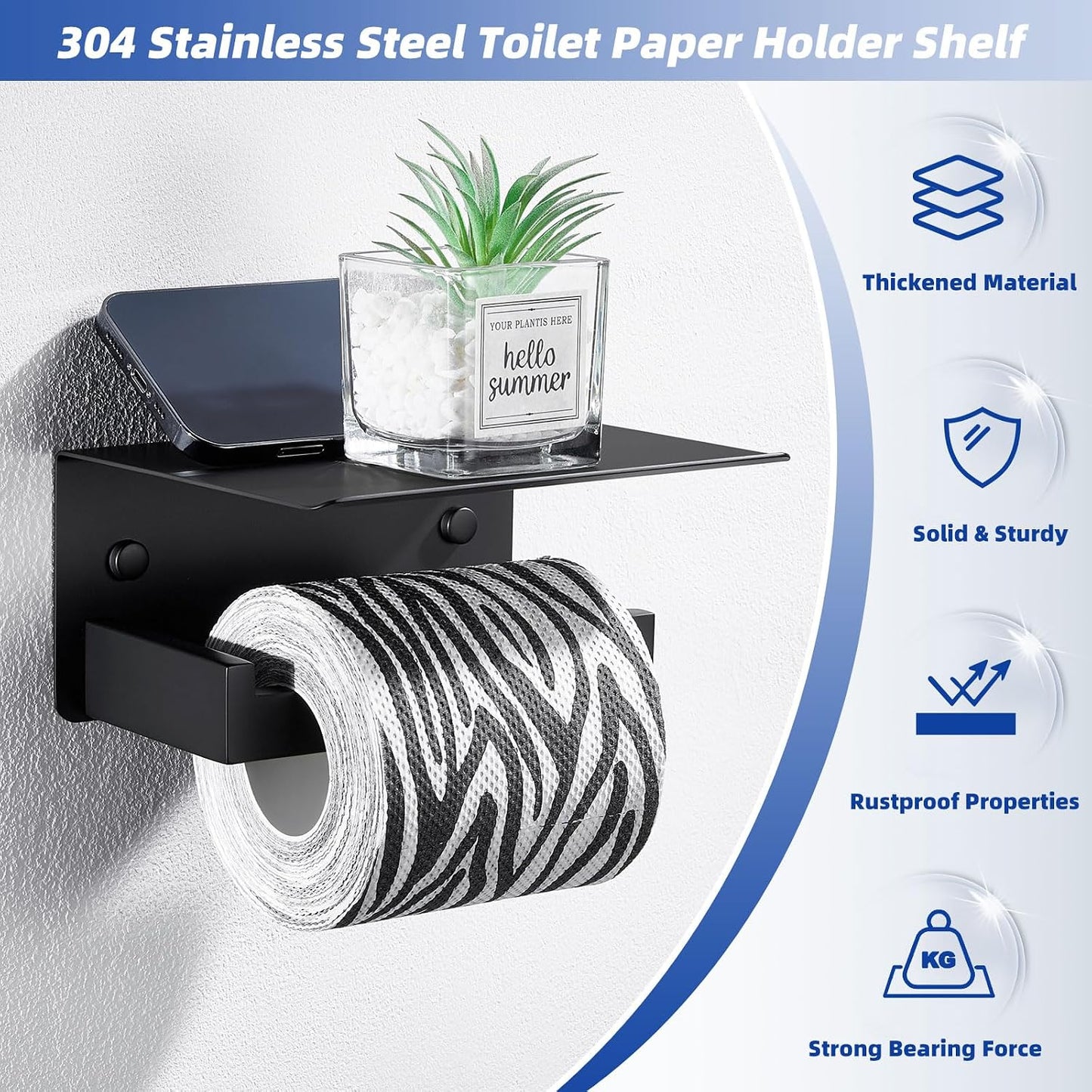 APLusee Matte Black Toilet Paper Holder with Storage Shelf, Wall Mounted | Rustproof 304 Stainless Steel, 2-in-1