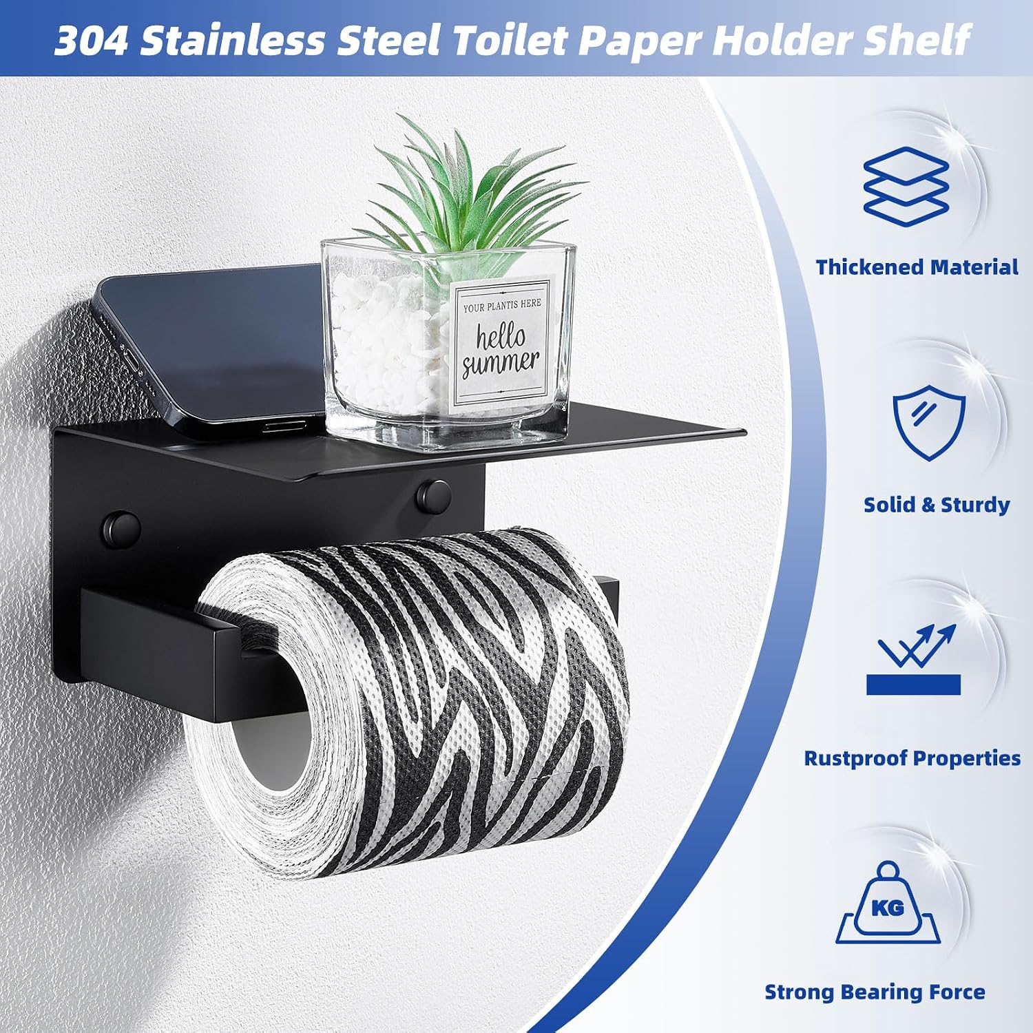 APLusee Matte Black Toilet Paper Holder with Storage Shelf, Wall Mounted | Rustproof 304 Stainless Steel, 2-in-1
