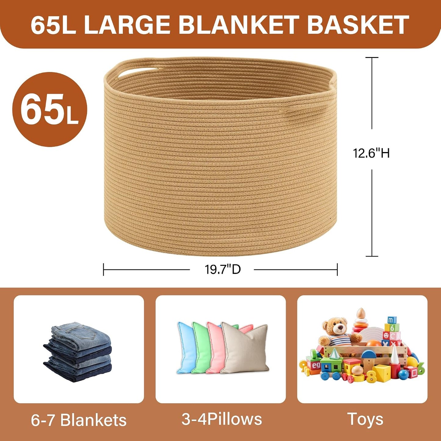 Collapsible Handle Cotton Rope Soft Woven Fabric Storage Organizer Clothes Toys / Camel / 65L