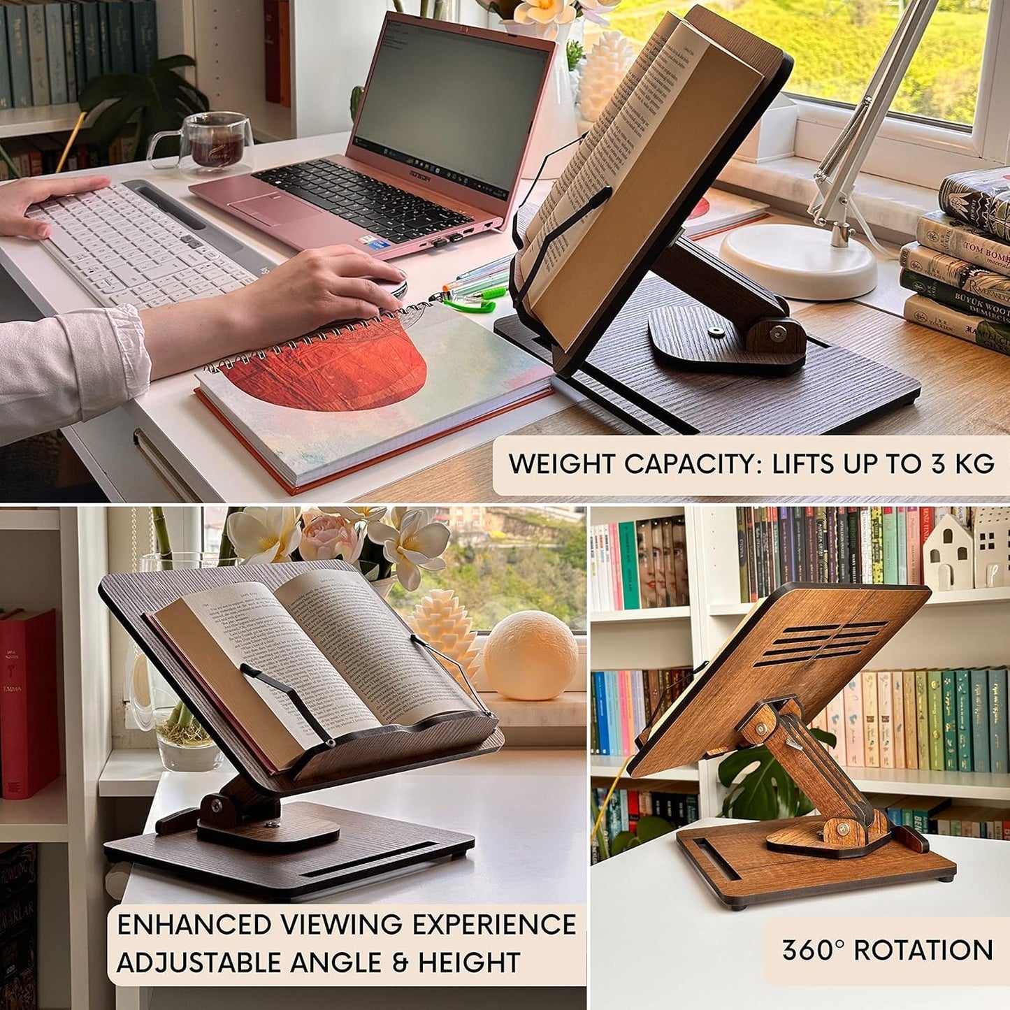 Vigo Wood Book Stand for Reading 360° Adjustable, Wooden Laptop Stand, Cookbooks Holder, Music Scores, Featuring