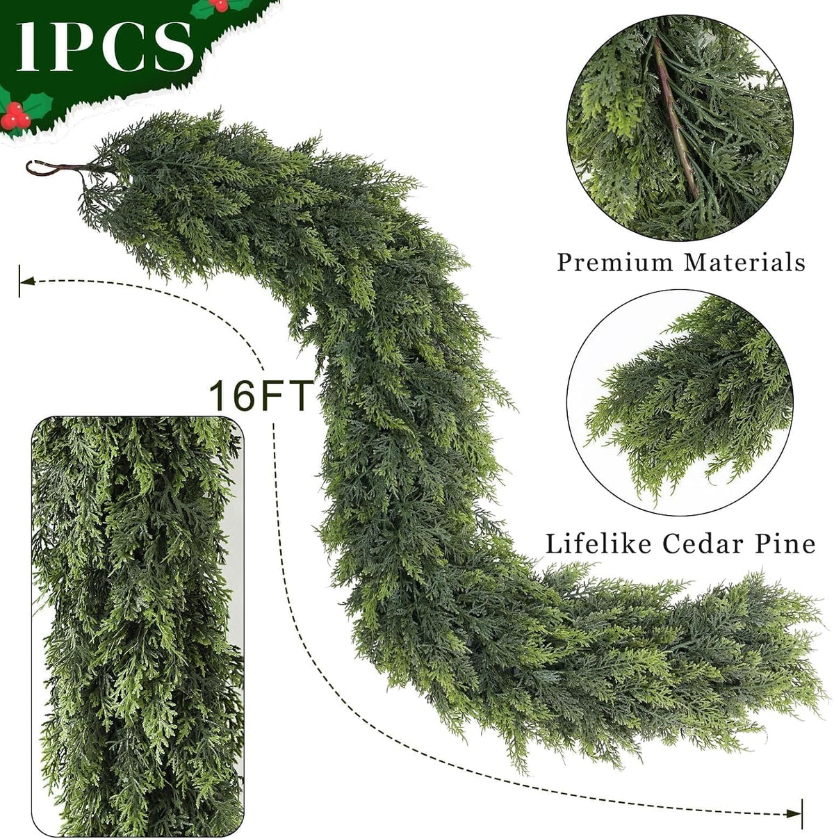 16FT 1Pcs Artificial Christmas Cedar Garlands for Stairs Railing Decoration | Thick and Lush, Realistic Faux Pine
