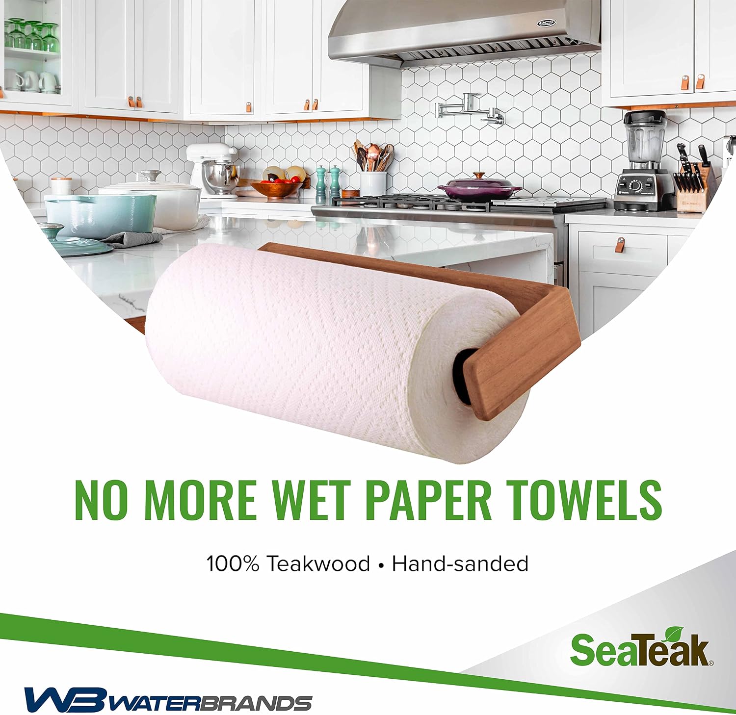 Wooden Paper Towel Holder, 12"x 4.375", 100% Solid Teak Wood, Wall Mount, Spring-Loaded, Fits Standard & Jumbo Rolls