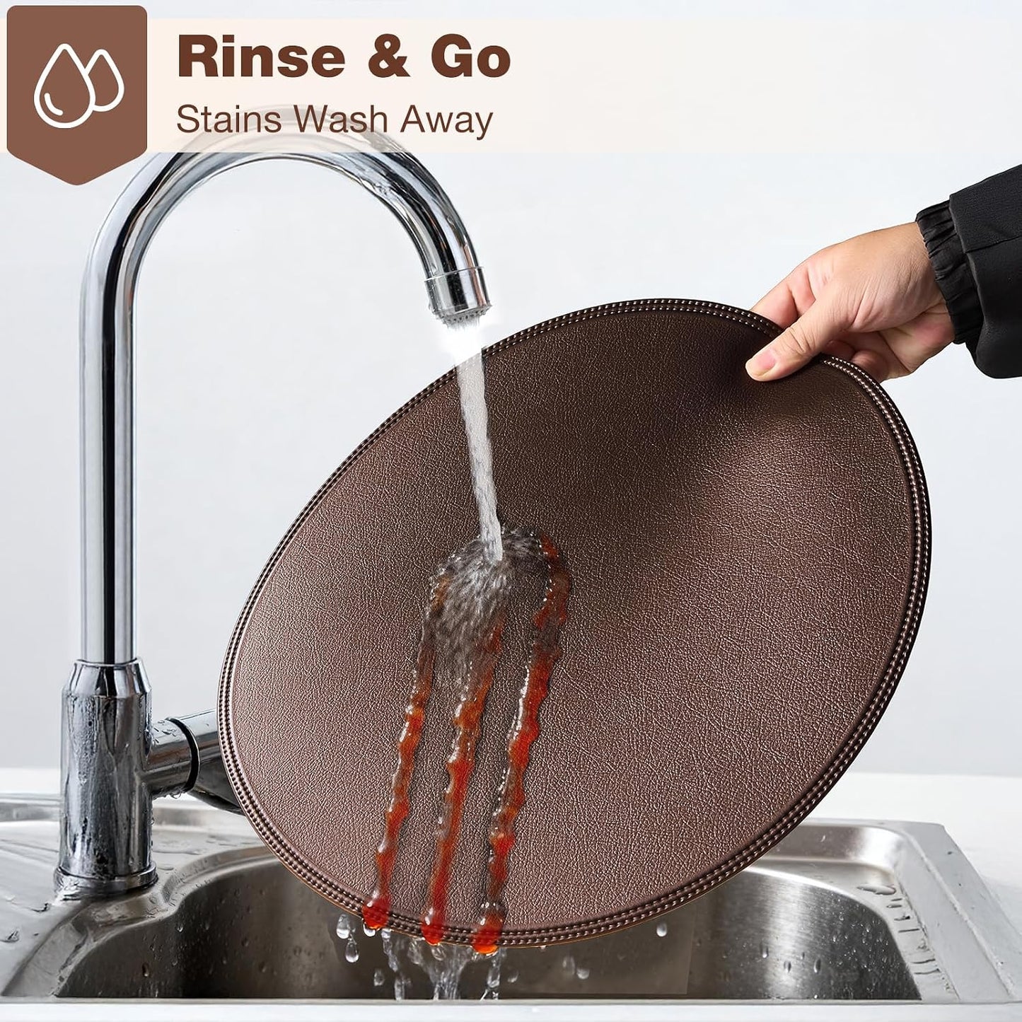 Round Vinyl Brown Placemats Set of 6, Faux Leather Waterproof Wipeable Heat Resistant Place Mats, Washable Table Mats
