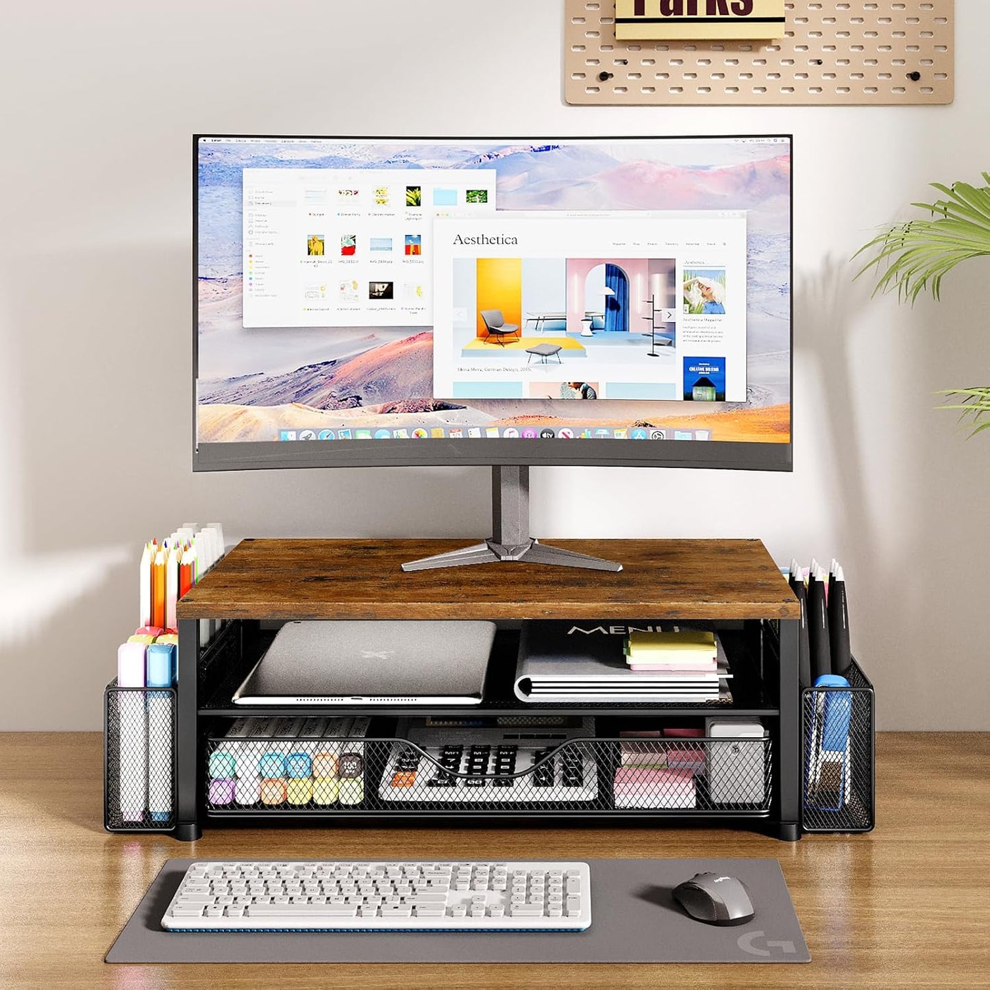 Desk Organizer and Accessories, 2-Tier Computer Monitor Stand Riser with Drawer and 2 Pen Holders, Laptop Stand, Office