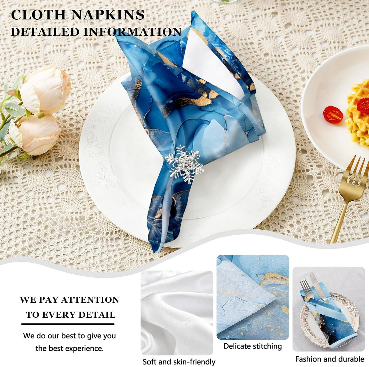 Mcalk 4 Each Blue Marble Placemats and Cloth Napkins Set of 8, Modern Art Placemat, Marble Print Cloth Napkin for Home