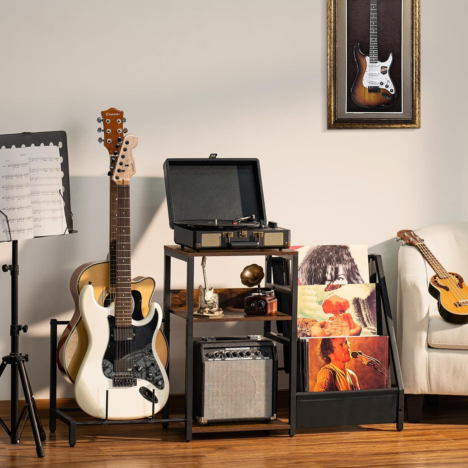 Record Player Stand, Adjustable Guitar Stand for Acoustic Guitar, Electric Guitar, Bass, Turntable Stand with Vinyl