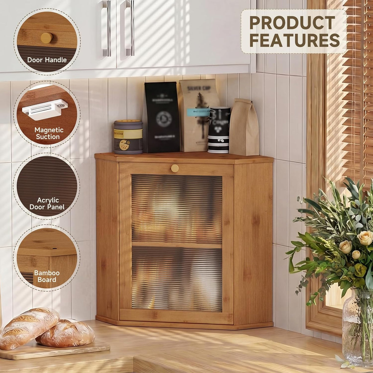 Bread Box for Kitchen Corner Countertop,Large Bread Basket (Brown, X-Large) | Double Layer Bamboo Bread Storage