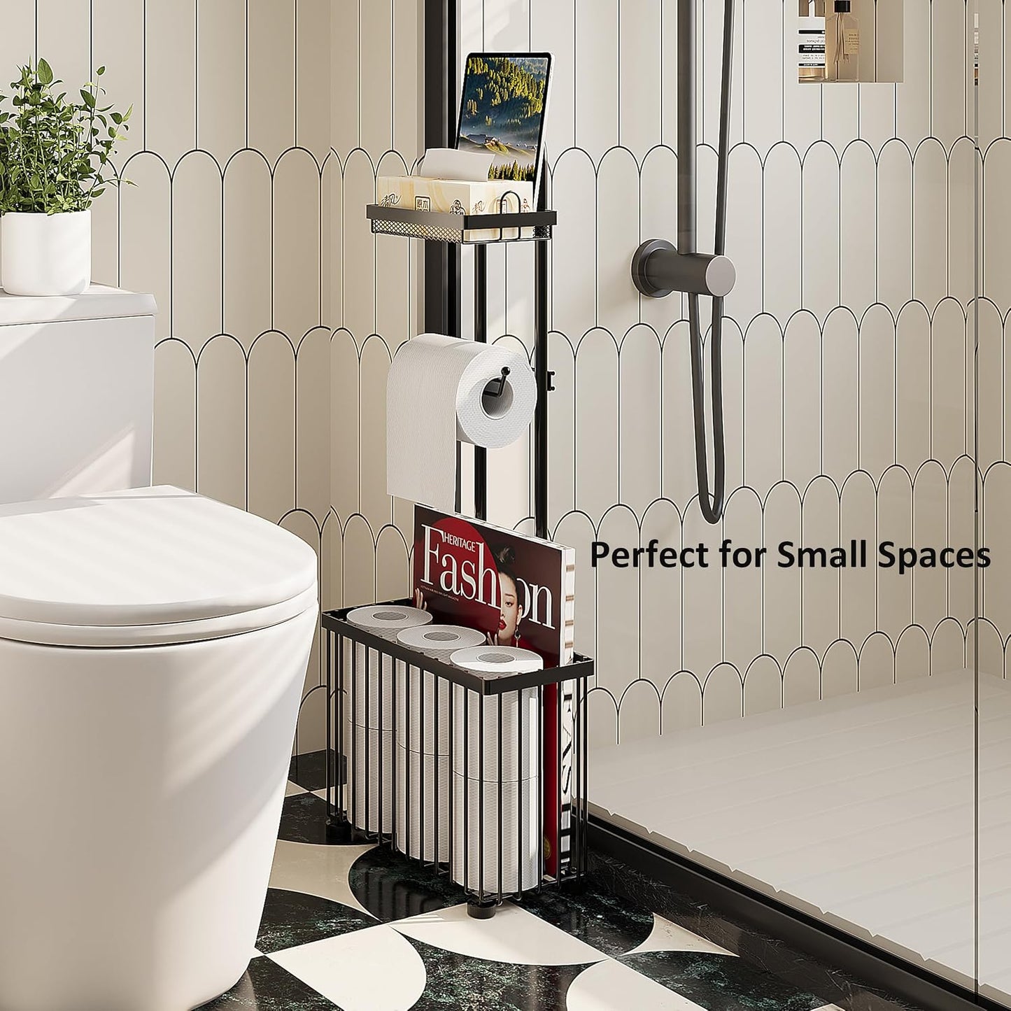 X-cosrack Freestanding Toilet Paper Holder Toilet Tissue Rack Scroll Stand Roll Dispenser with Storage Shelf Reserve