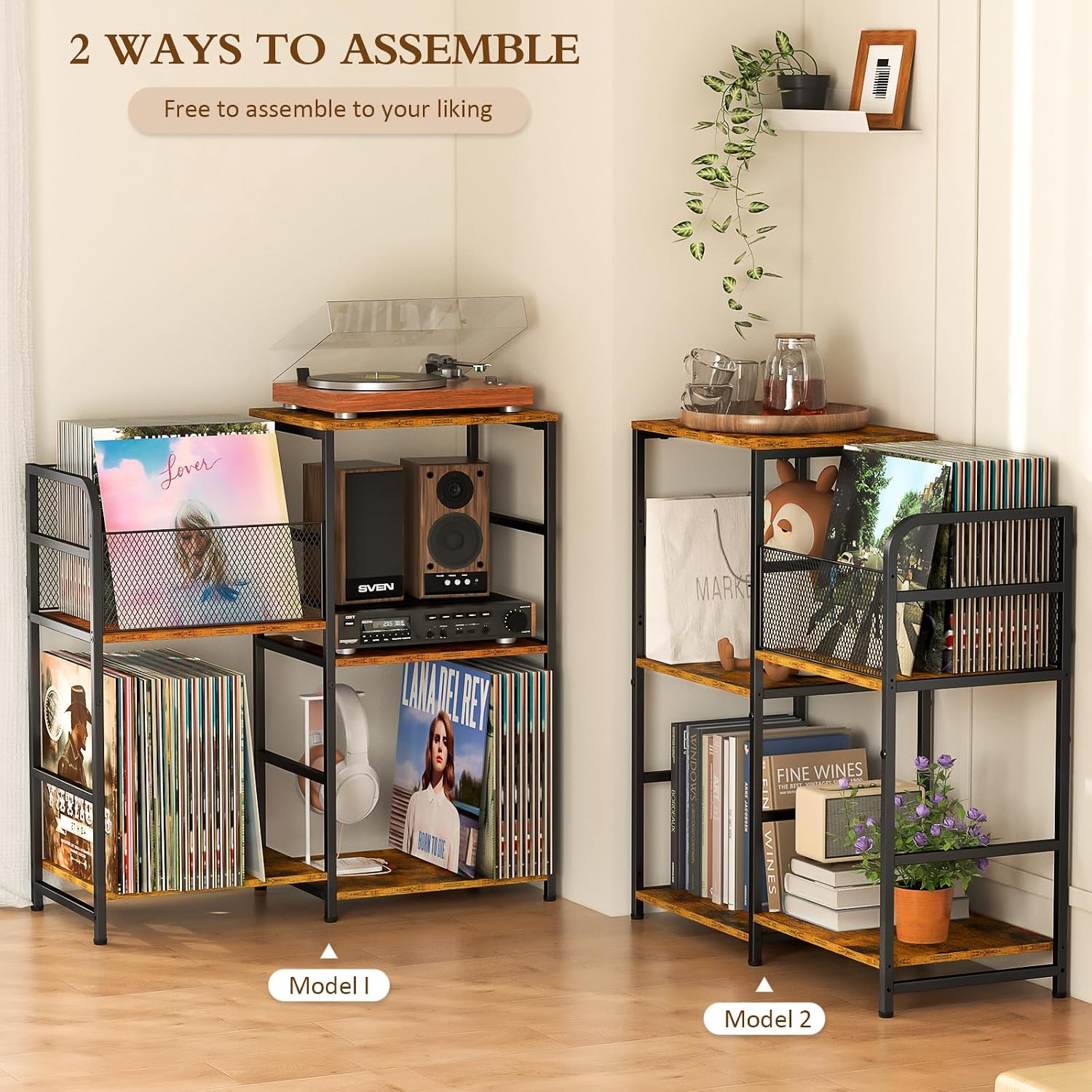 ThreeHio Record Player Stand, Turntable Stand with Vinyl Storage Holds up to 300+ Albums, Storage Cabinet for Vinyl