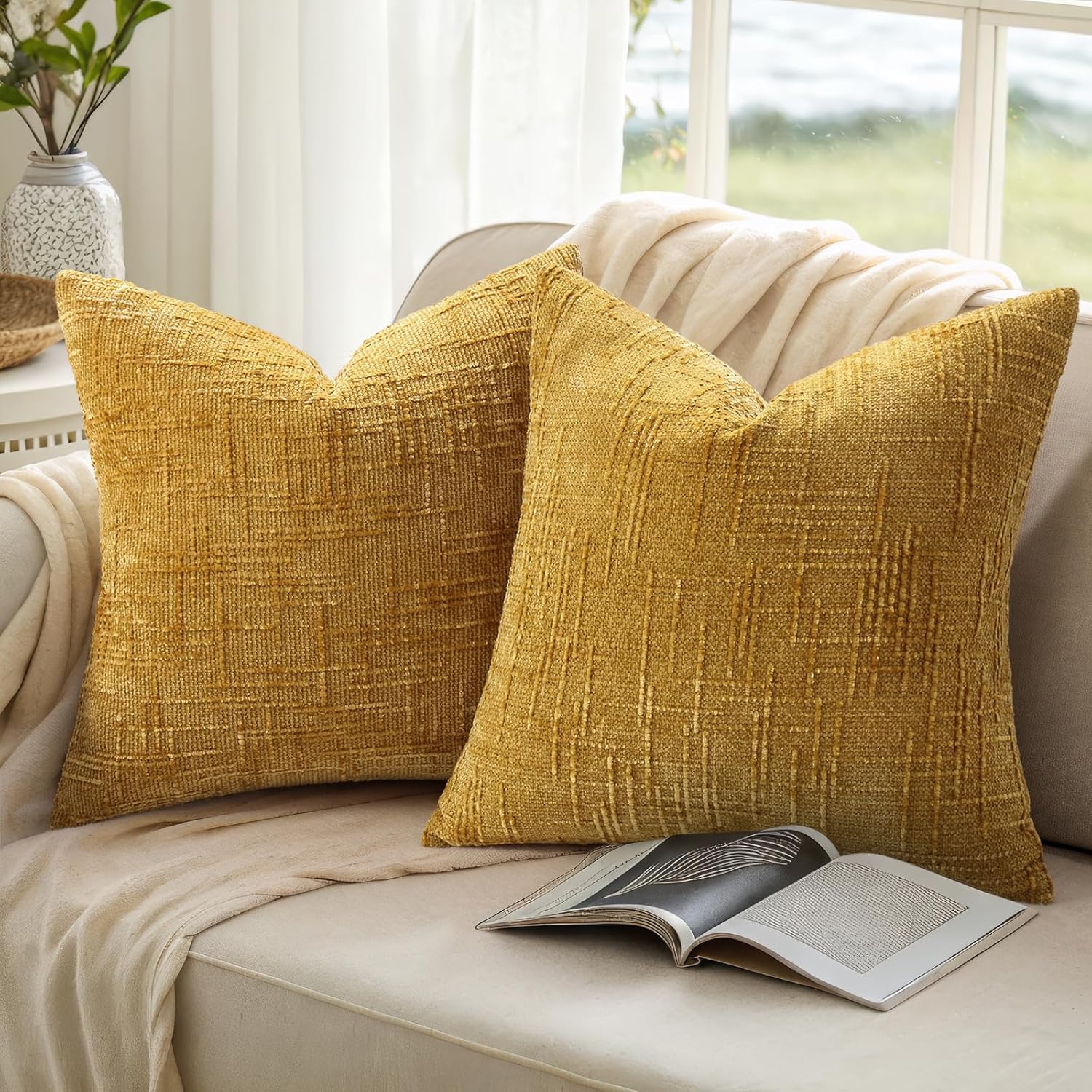 Fall Chenille Throw Pillow Covers Textured Soft Slubby Couch / Mustard Yellow / 18 x 18 / Set of 2