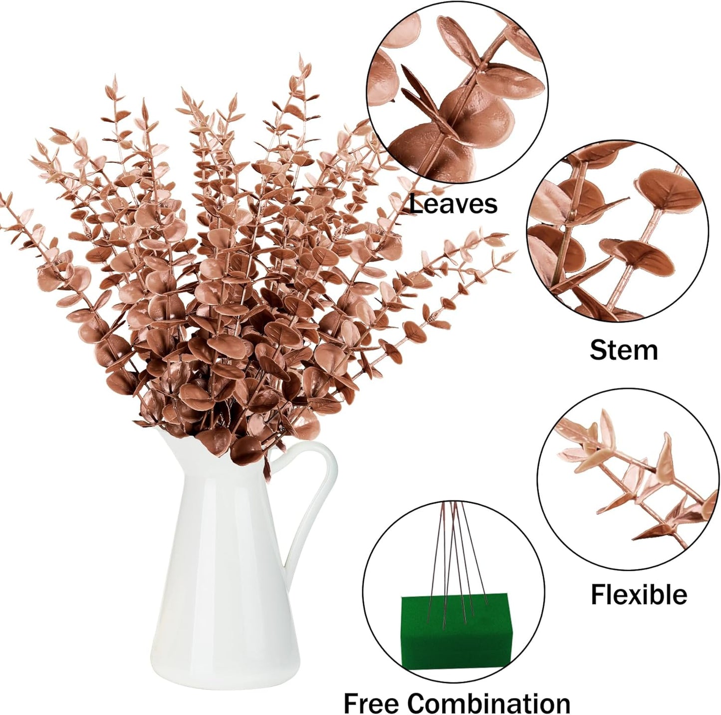 Artificial Eucalyptus Stems Leaves Faux Eucalyptus Stems Branches / Dark Brown / 15 Inch / Set of 36