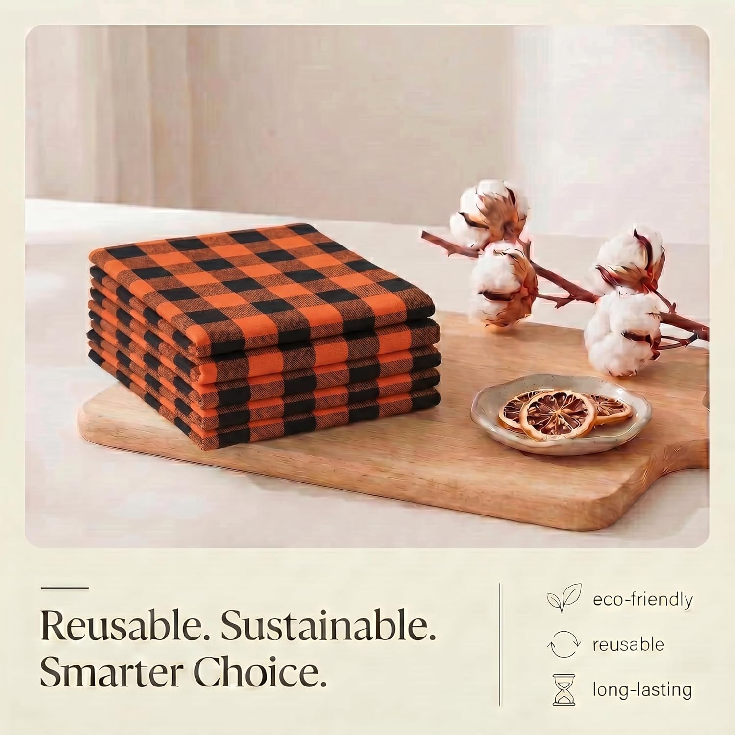 Urban Villa Kitchen Towels Cotton Dish Towels 20”x30” (Set of 6) Orange Blk