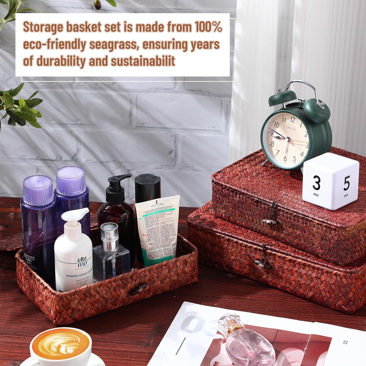 Seagrass Basket / Lid Wicker Storage Basket Decorative Storage Boxes / Retro Red / Set of 4