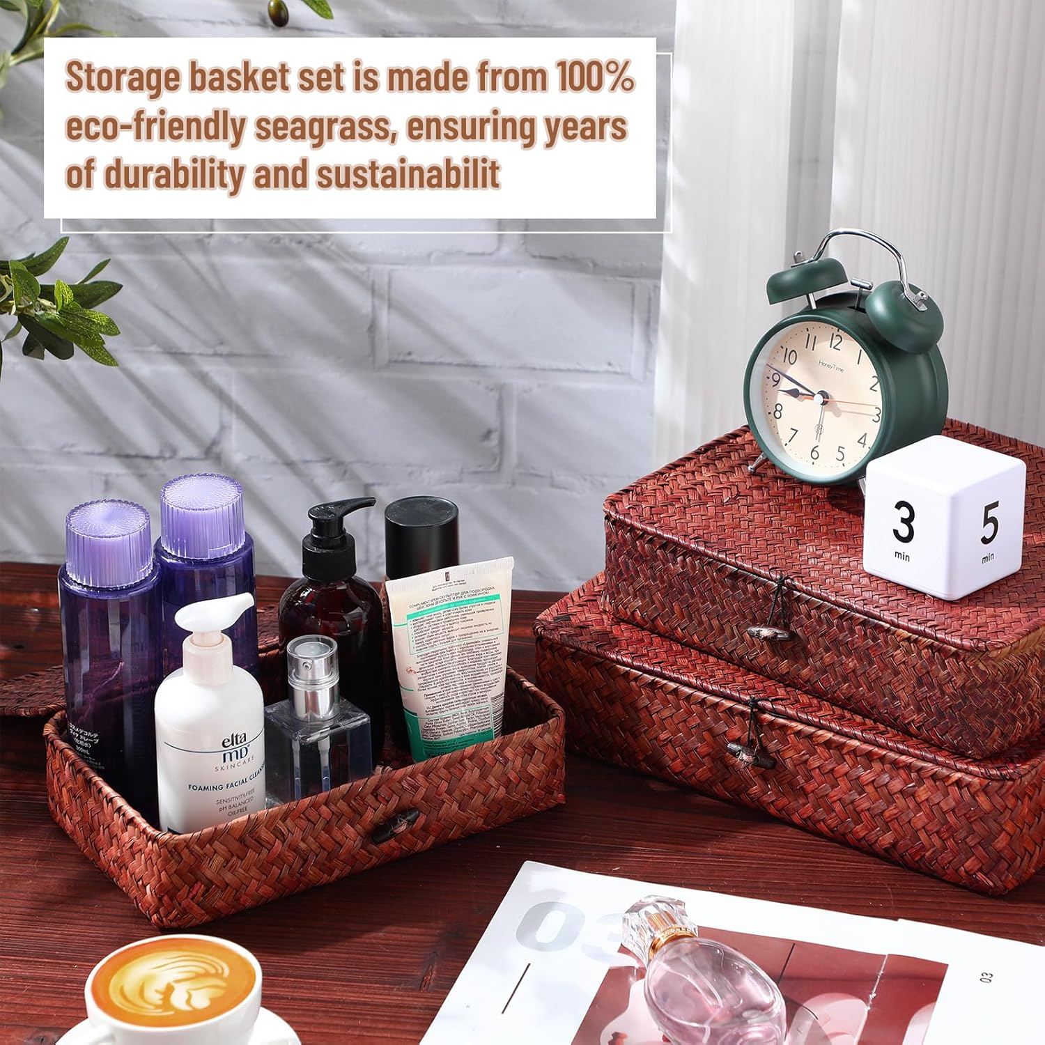 Seagrass Basket / Lid Wicker Storage Basket Decorative Storage Boxes / Retro Red / Set of 4