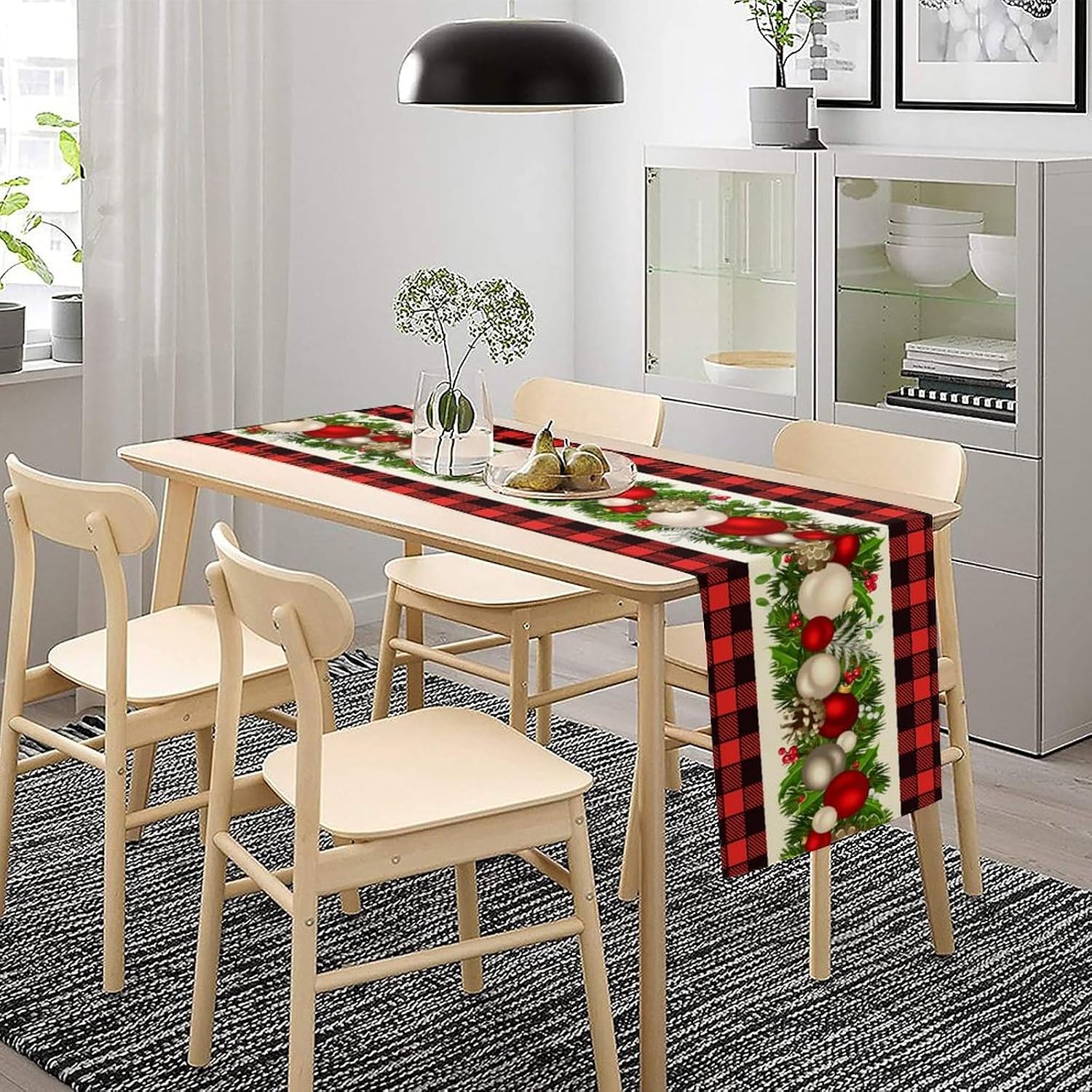 Christmas Linen Table Runner, Red and Black Buffalo Plaid Winter Xmas Holiday Farmhouse Style Patterns Printed Linen