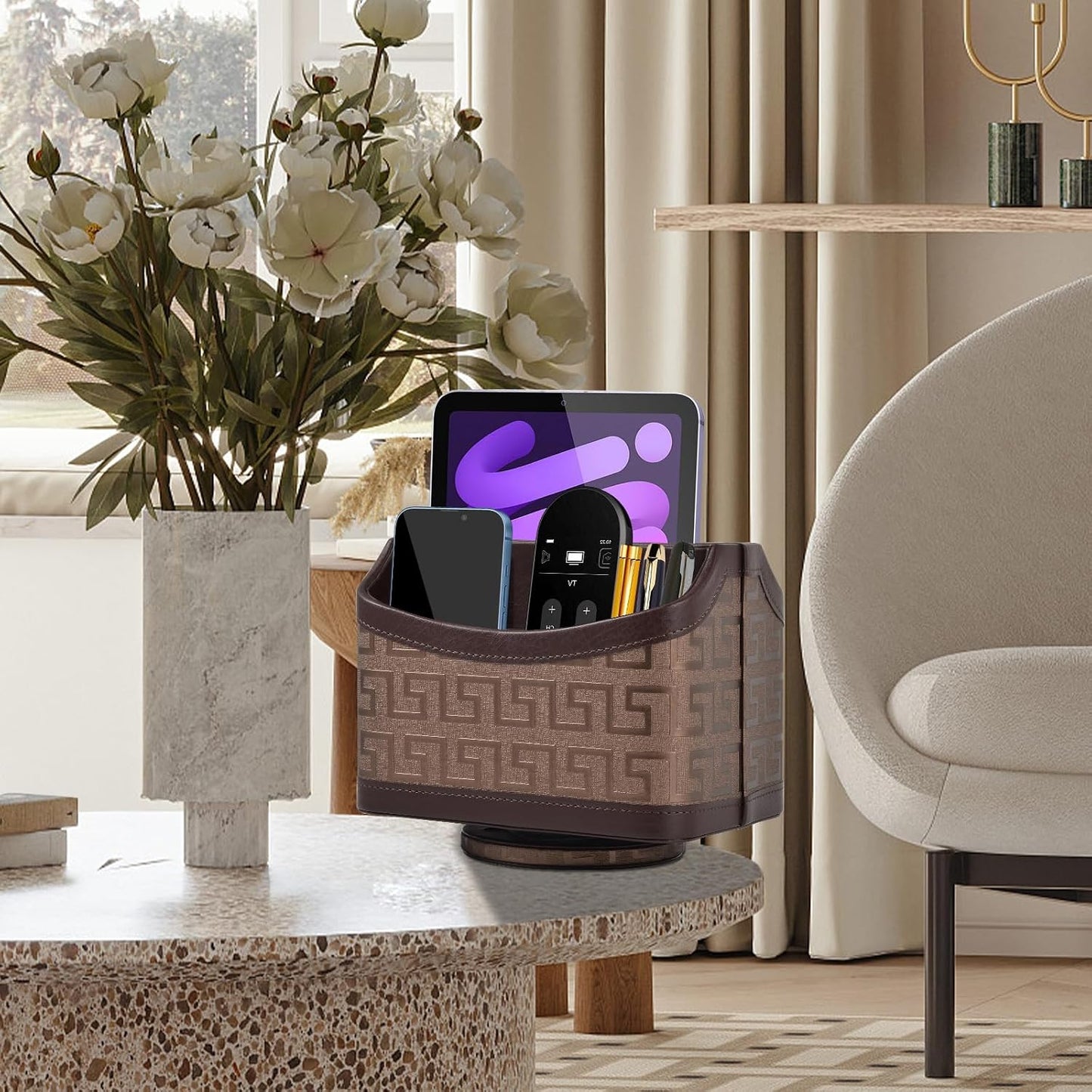 Leather Remote Control Holder 360°Rotatable / Coffee Gold
