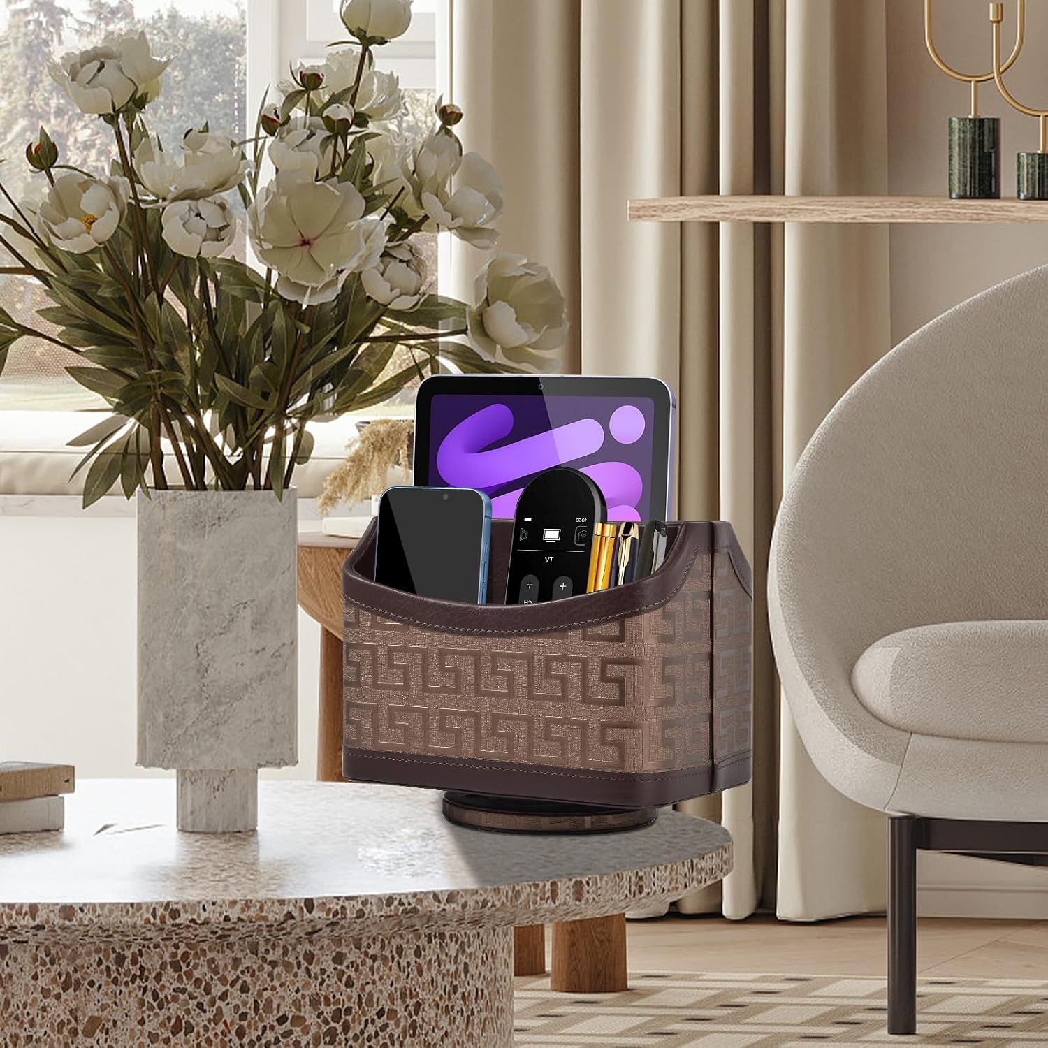 Leather Remote Control Holder 360°Rotatable / Coffee Gold