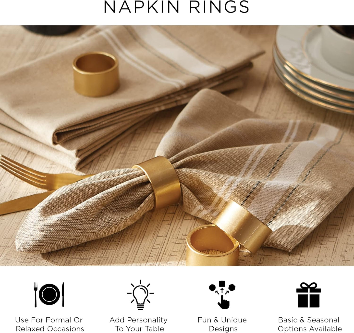 DII Christmas Thanksgiving Holiday Tabletop Décor Collection Decorative Napkin Ring Holder Set, 1.9" Dia x 1.1" Height