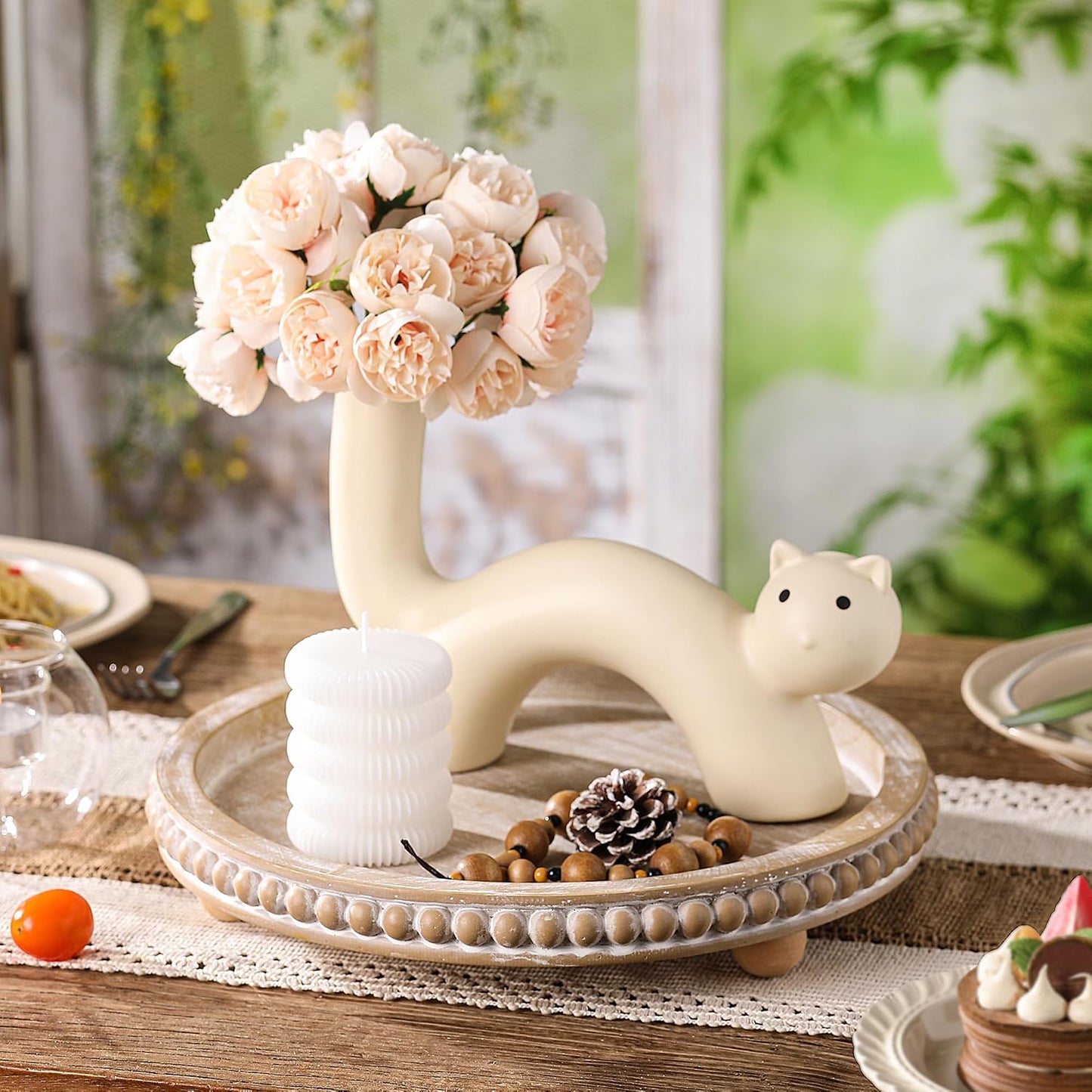 Round Wooden Tray Decor / Beige
