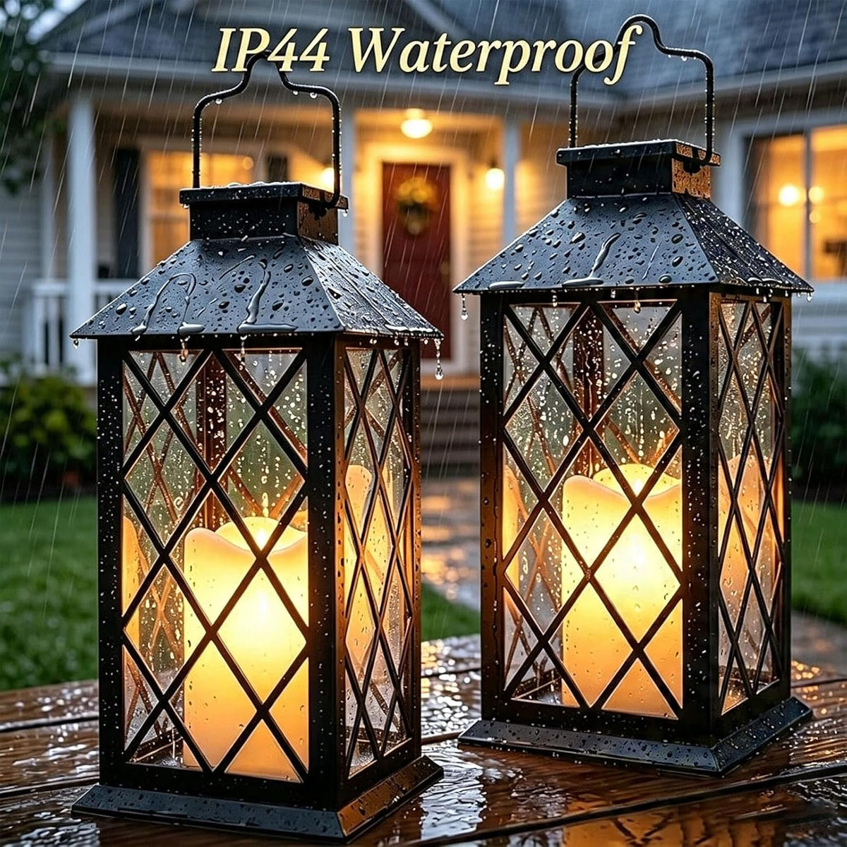 4 Pack 14" Large Tempered Glass Solar Lanterns Outdoor Waterproof | Black retro solar lantern with flickering flameless
