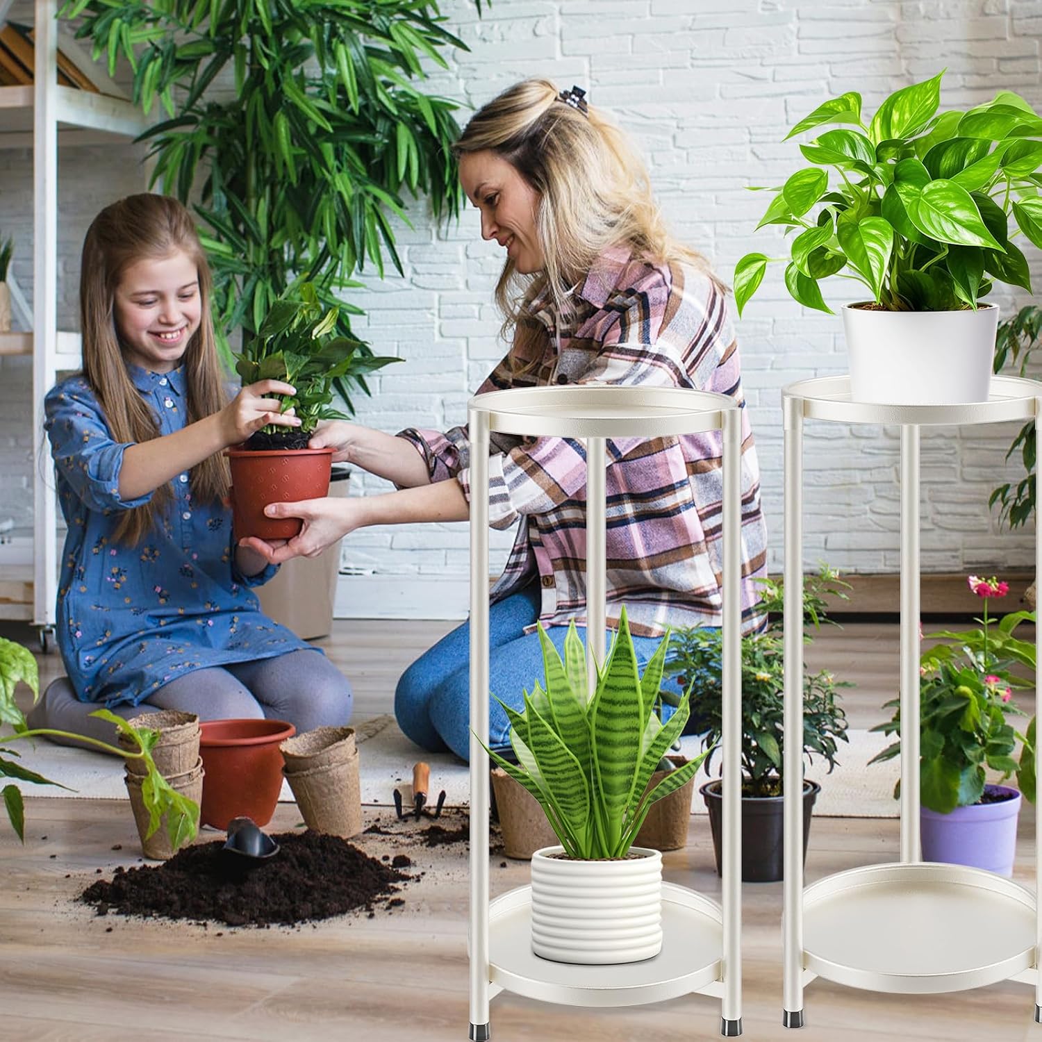 2 Tier Plant Stand Indoor Tall, White Corner Tiered Round Plant Stand for Indoor Multiple Plants, Metal Flower Pot