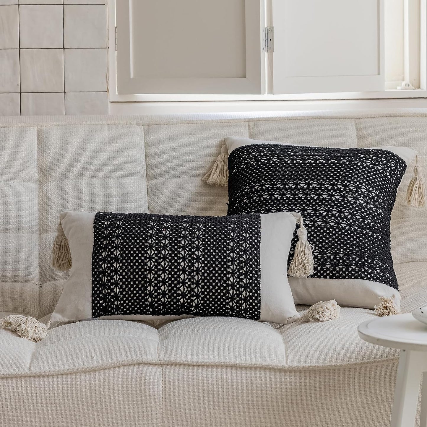 Tassels Soft Farmhouse Halloween Pillow Covers / 20 x 12 / Black Weave