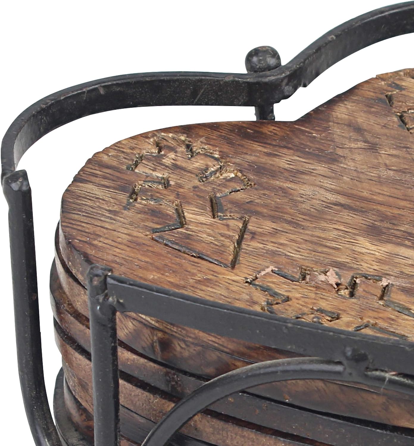 Metal Holder / Rustic Wooden Heart Shaped Coaster Set