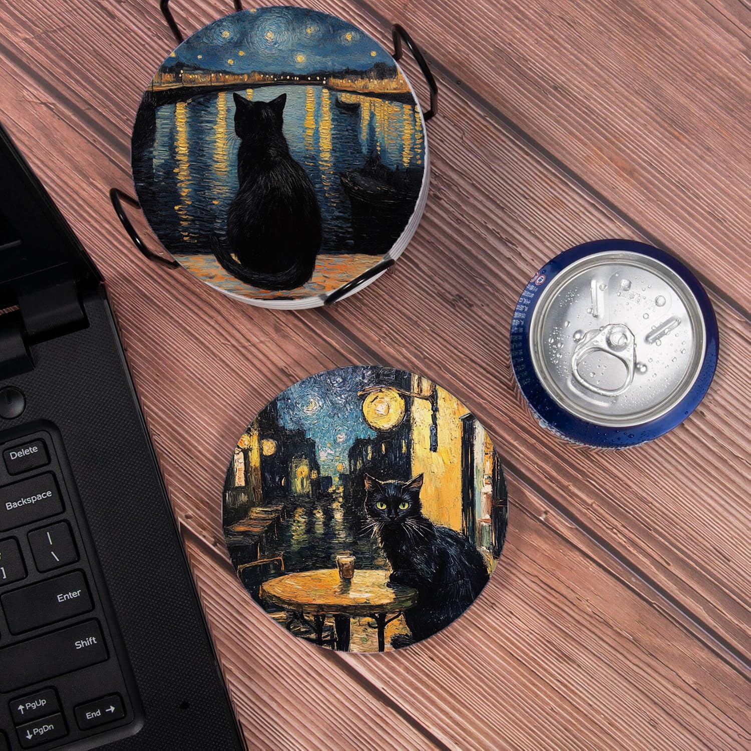 Art and Absorbent Ceramic Stone Mat Coaster / Black Cat / Round / Set of 6