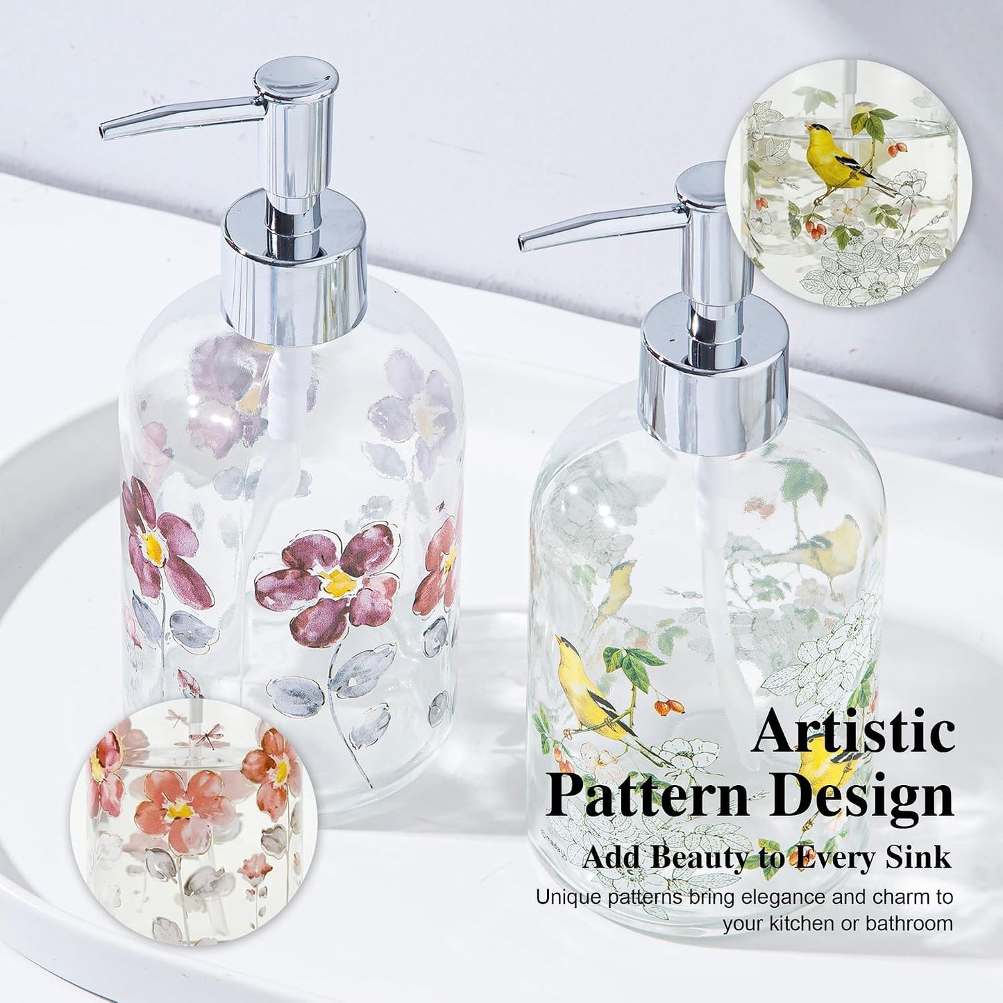 Topadorn 17oz Hand and Dish Soap Dispenser Set, Floral & Goldfinch | 2 Pack Glass Soap Dispensers with Pump, Refillable