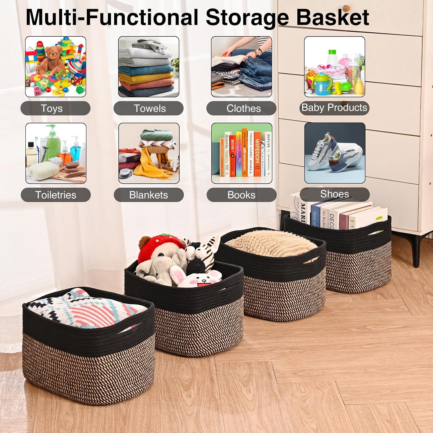 Woven Cotton Rope Baskets for Storage / Black & Jute