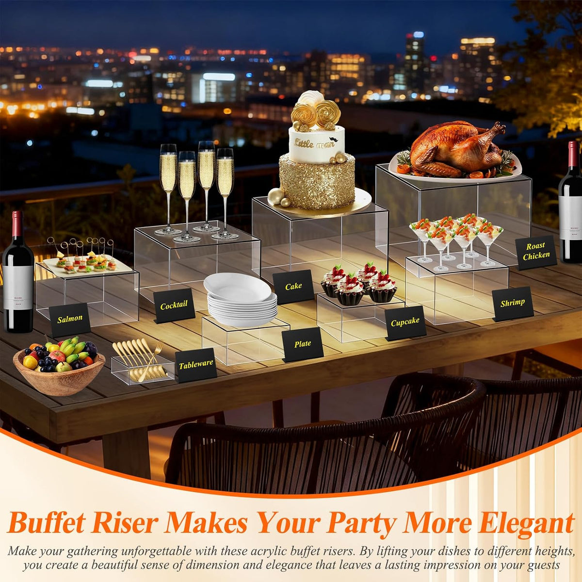 8 Pcs Clear Acrylic Buffet Risers with Mini Sign and Maker,Buffet Risers and Stands Clear Food Display Risers for