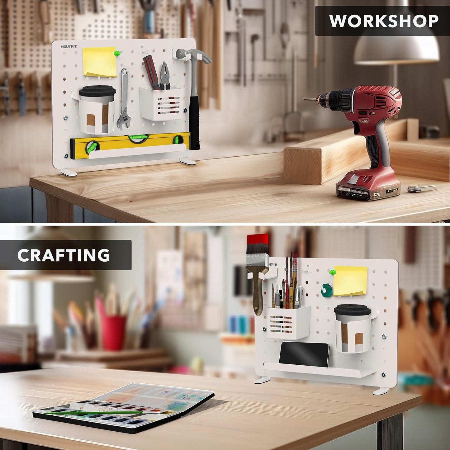 Mount-It! Clamp-On Desk Pegboard Organizer, White | Adaptable desk storage with shelf, cup holder & hooks for home