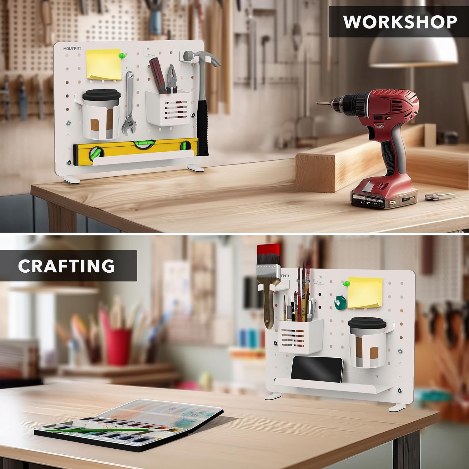 Mount-It! Clamp-On Desk Pegboard Organizer, White | Adaptable desk storage with shelf, cup holder & hooks for home