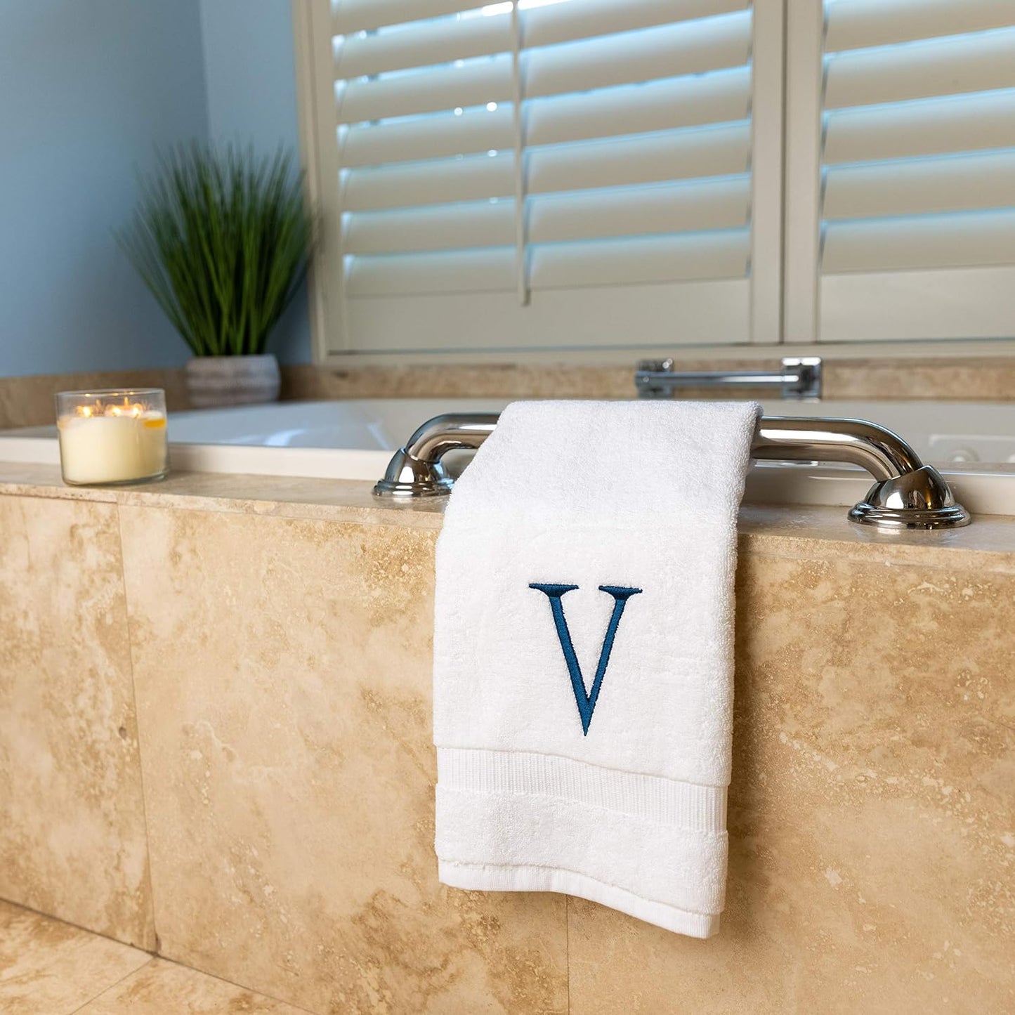 White with Navy Monogrammed Hand Towels for Bathroom - Set of 2 Letter V | Luxury Hotel Quality Initial Towels For